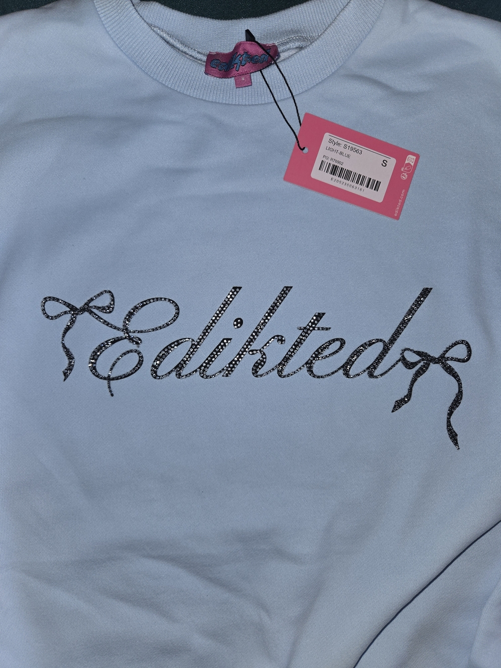 Edikted Light Blue Rhinestone Logo Crew Sweatshirt